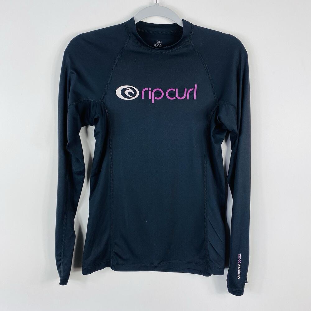 Rip Curl Rash Guard Girls 12 Large Black Long Sleeve Swim Beach Surf